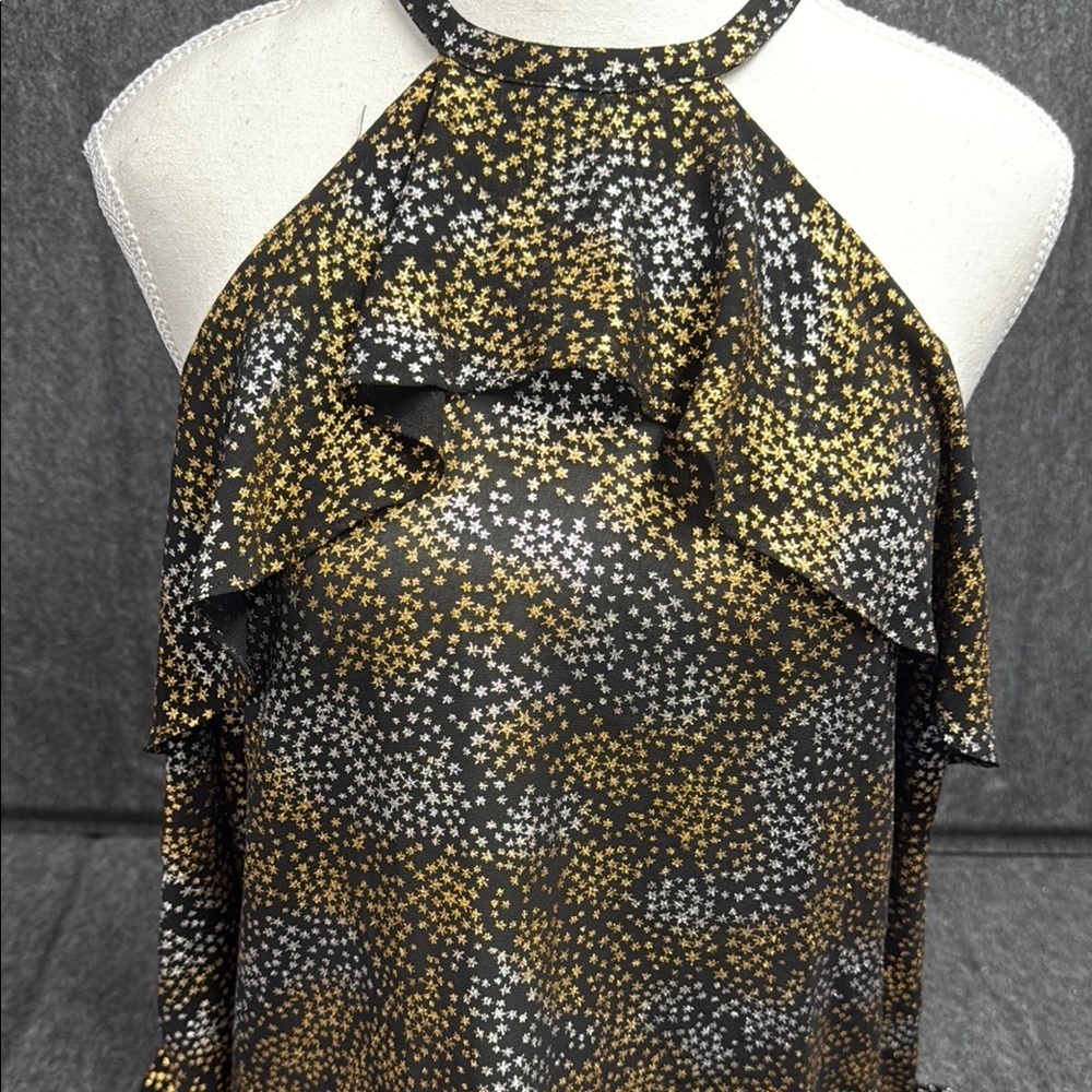 MICHAEL Michael Kors Gold and Black Ruffled Sleeveless Blouse - Picture 7 of 8